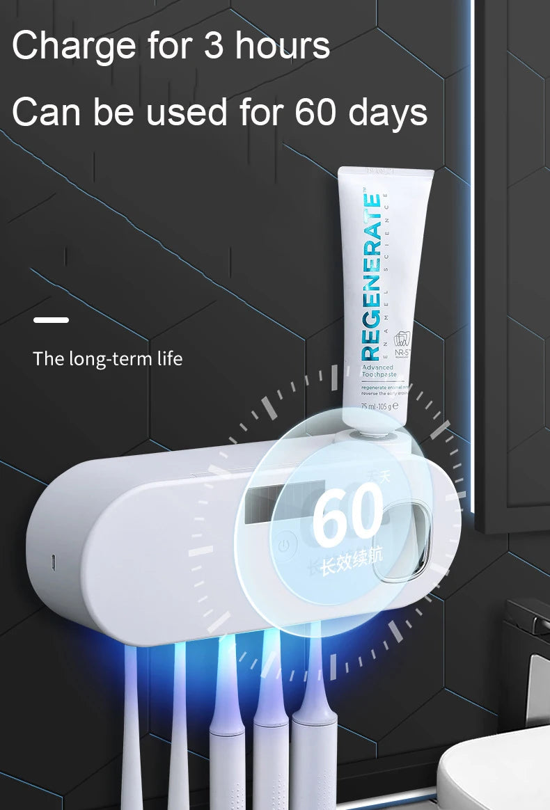 Y-UV Toothbrush Sanitizer Holder with Toothpaste Dispenser – Rechargeable Wall-Mounted UV-C Sterilizer for 5 Toothbrushes