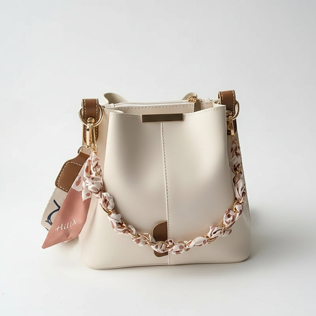 Women's Fashion Bucket Bag – Gold Chain & Scarf Strap Crossbody Shoulder Bag in 3 Colours