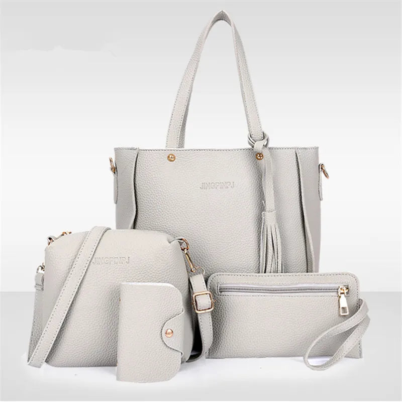 Women's Shoulder Bag Set 4-Piece – Elegant Minimalist Handbag, Crossbody & Storage Bag with Tassel Detail