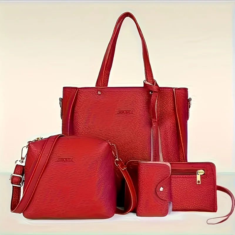 Women's Shoulder Bag Set 4-Piece – Elegant Minimalist Handbag, Crossbody & Storage Bag with Tassel Detail