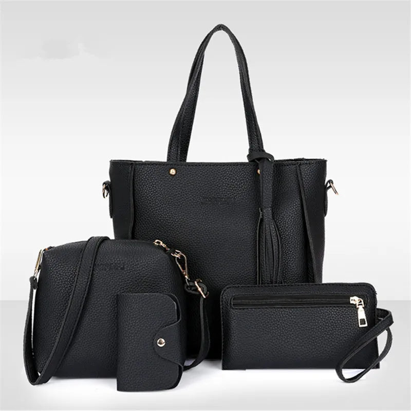 Women's Shoulder Bag Set 4-Piece – Elegant Minimalist Handbag, Crossbody & Storage Bag with Tassel Detail