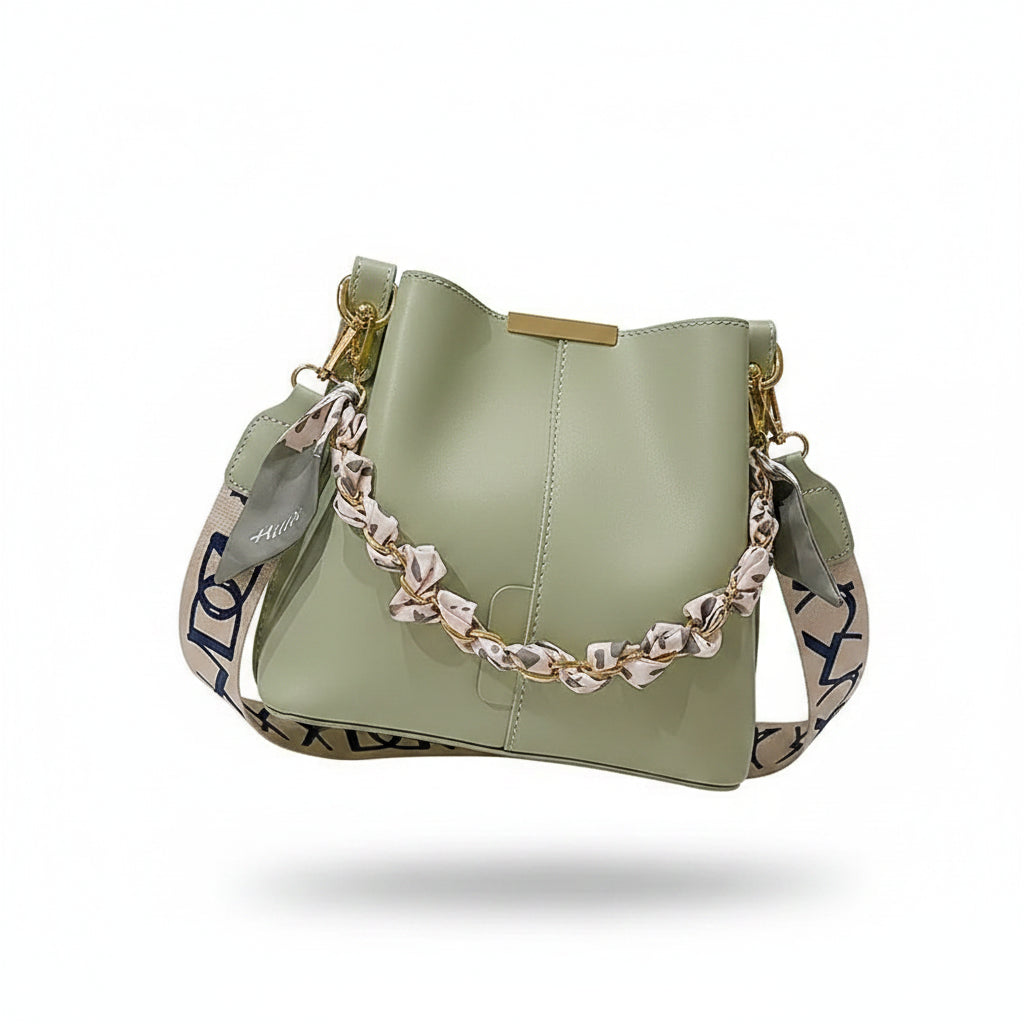 Women's Fashion Bucket Bag – Gold Chain & Scarf Strap Crossbody Shoulder Bag in 3 Colours