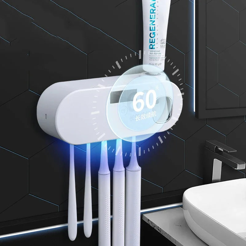 Y-UV Toothbrush Sanitizer Holder with Toothpaste Dispenser – Rechargeable Wall-Mounted UV-C Sterilizer for 5 Toothbrushes