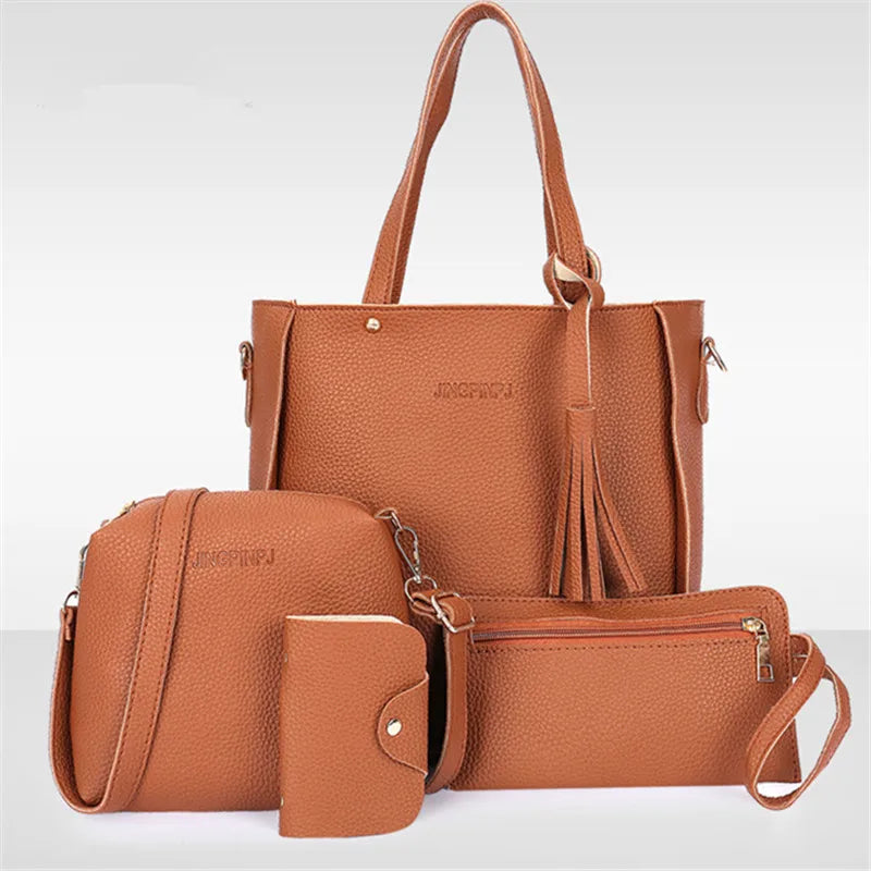 Women's Shoulder Bag Set 4-Piece – Elegant Minimalist Handbag, Crossbody & Storage Bag with Tassel Detail