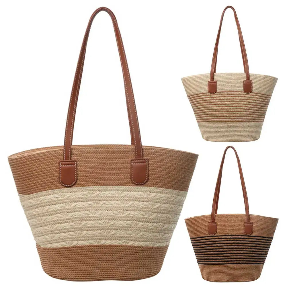 Women's Handmade Straw Woven Tote Bag – Large Capacity Striped Shoulder Bag for Beach, Work & Shopping