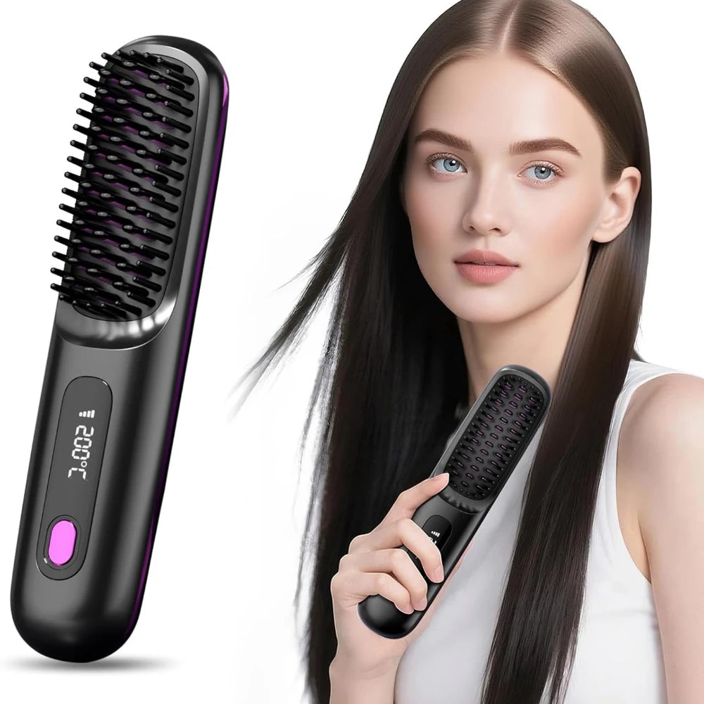 Cordless Hair Straightener Brush with LCD Display – USB Rechargeable Mini Ionic Straightening Brush for Travel & Home