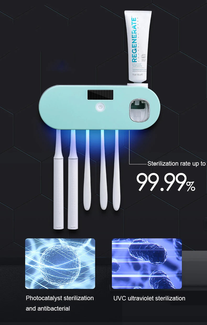 Y-UV Toothbrush Sanitizer Holder with Toothpaste Dispenser – Rechargeable Wall-Mounted UV-C Sterilizer for 5 Toothbrushes