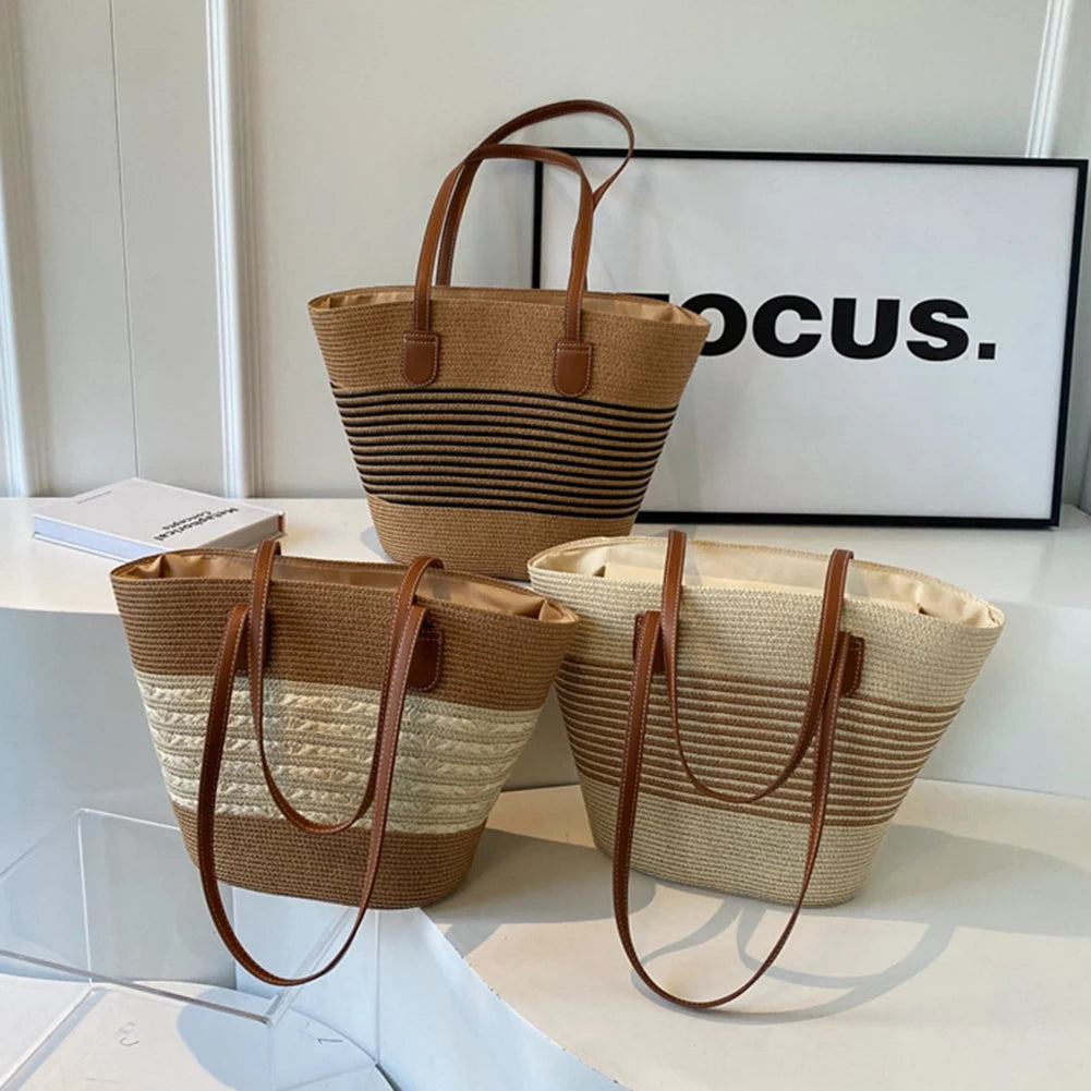 Women's Handmade Straw Woven Tote Bag – Large Capacity Striped Shoulder Bag for Beach, Work & Shopping