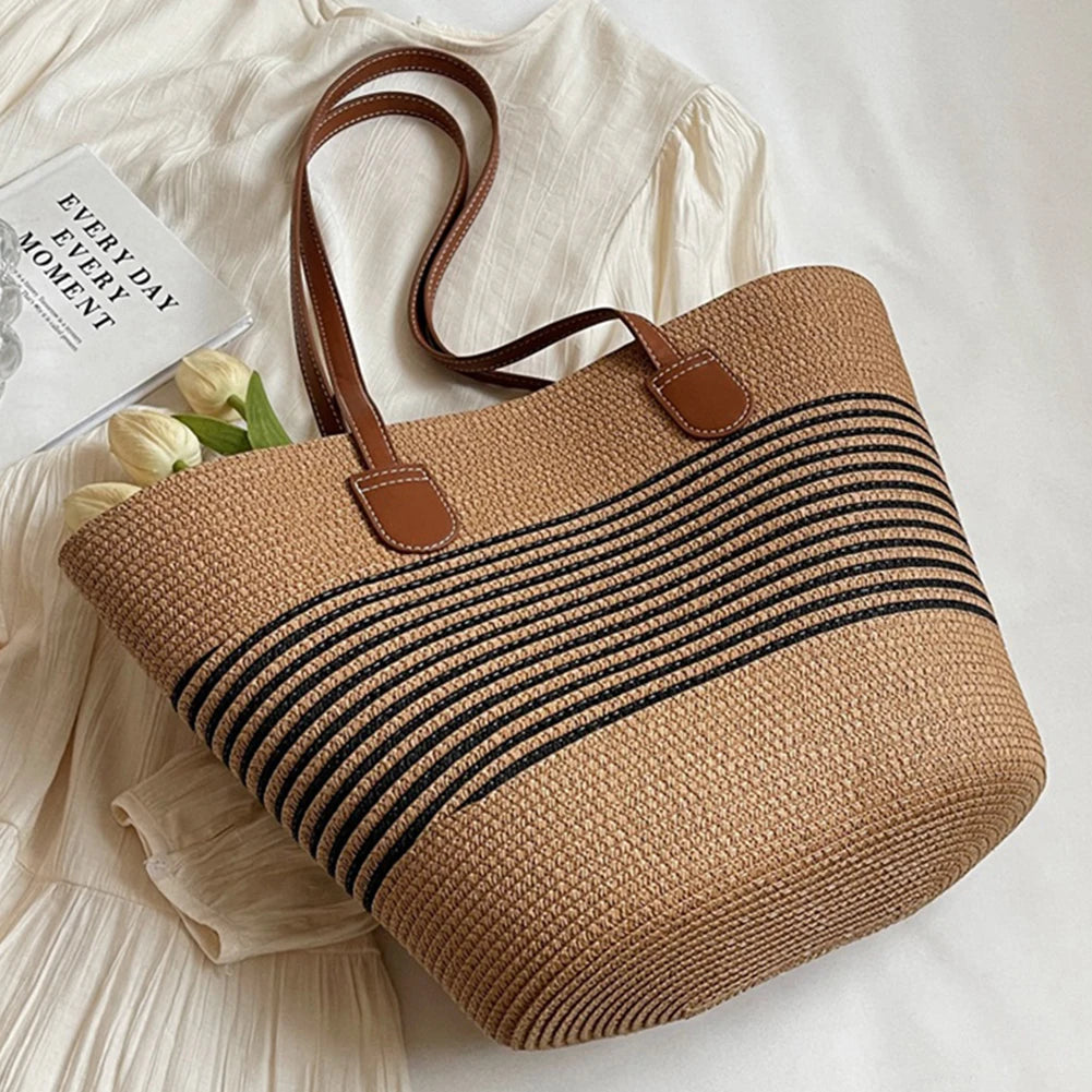 Women's Handmade Straw Woven Tote Bag – Large Capacity Striped Shoulder Bag for Beach, Work & Shopping