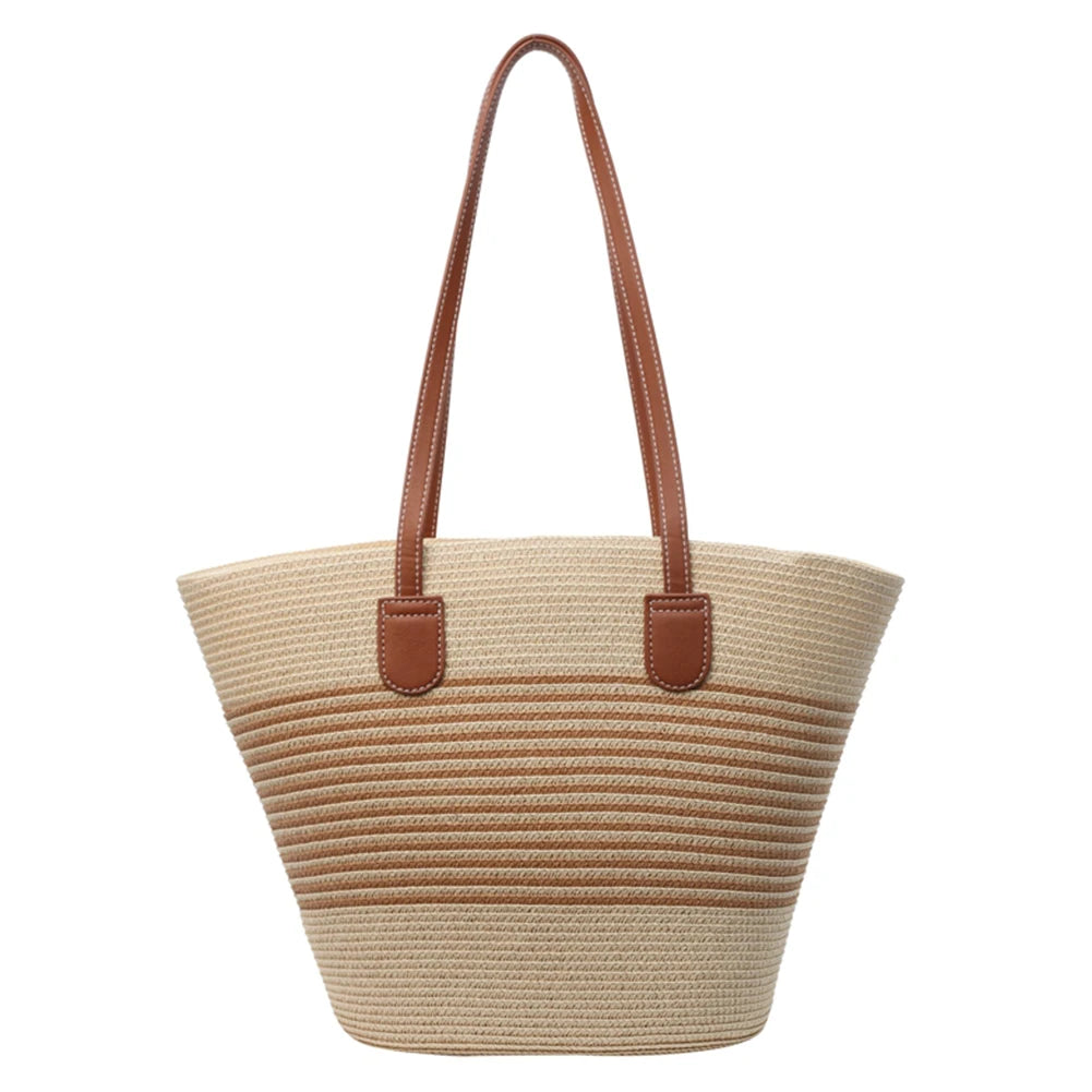Women's Handmade Straw Woven Tote Bag – Large Capacity Striped Shoulder Bag for Beach, Work & Shopping