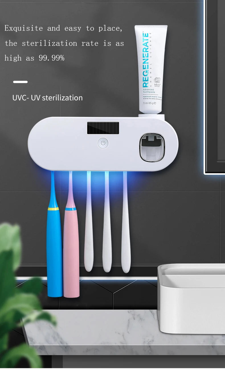 Y-UV Toothbrush Sanitizer Holder with Toothpaste Dispenser – Rechargeable Wall-Mounted UV-C Sterilizer for 5 Toothbrushes