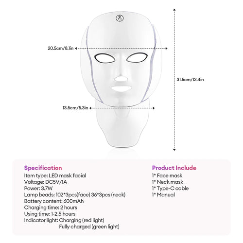 7-Color LED Facial & Neck Mask – Photon Light Therapy Device for Skin Rejuvenation, Firming & Acne Care
