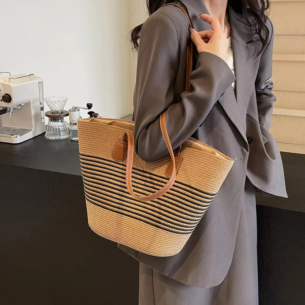 Women's Handmade Straw Woven Tote Bag – Large Capacity Striped Shoulder Bag for Beach, Work & Shopping