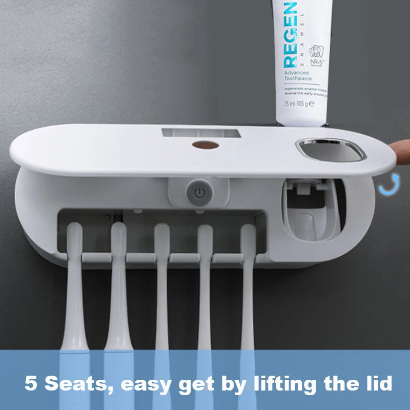 Y-UV Toothbrush Sanitizer Holder with Toothpaste Dispenser – Rechargeable Wall-Mounted UV-C Sterilizer for 5 Toothbrushes