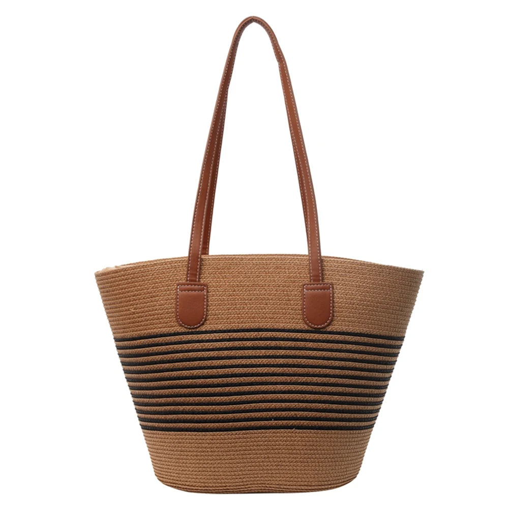 Women's Handmade Straw Woven Tote Bag – Large Capacity Striped Shoulder Bag for Beach, Work & Shopping