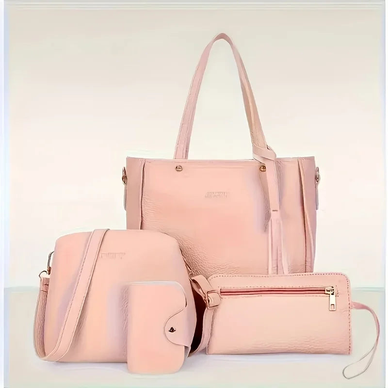 Women's Shoulder Bag Set 4-Piece – Elegant Minimalist Handbag, Crossbody & Storage Bag with Tassel Detail
