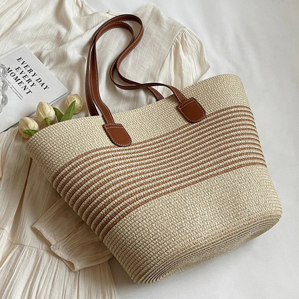 Women's Handmade Straw Woven Tote Bag – Large Capacity Striped Shoulder Bag for Beach, Work & Shopping